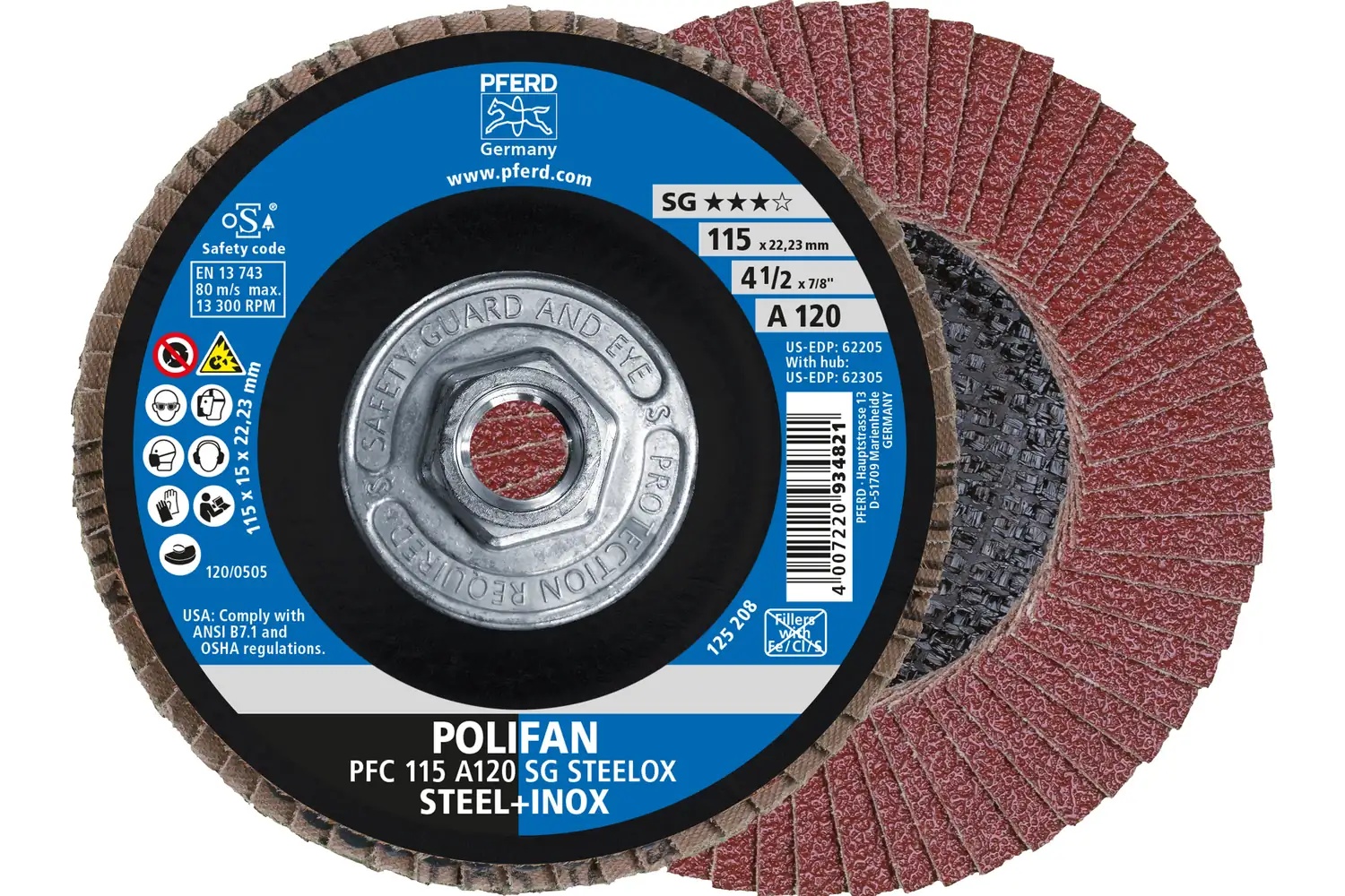 Picture of Pferd Flap Disc, 4-1/2" x 5/8-11, A SG Steelox, 120 Grit, T29, Conical, Aluminum oxide